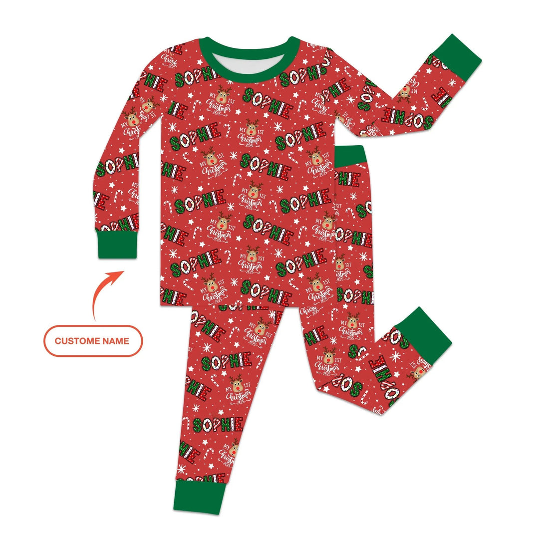 Custom Name "My First Christmas 2025" Two Piece Long Sleeve Pajama Set - Zumbamboo