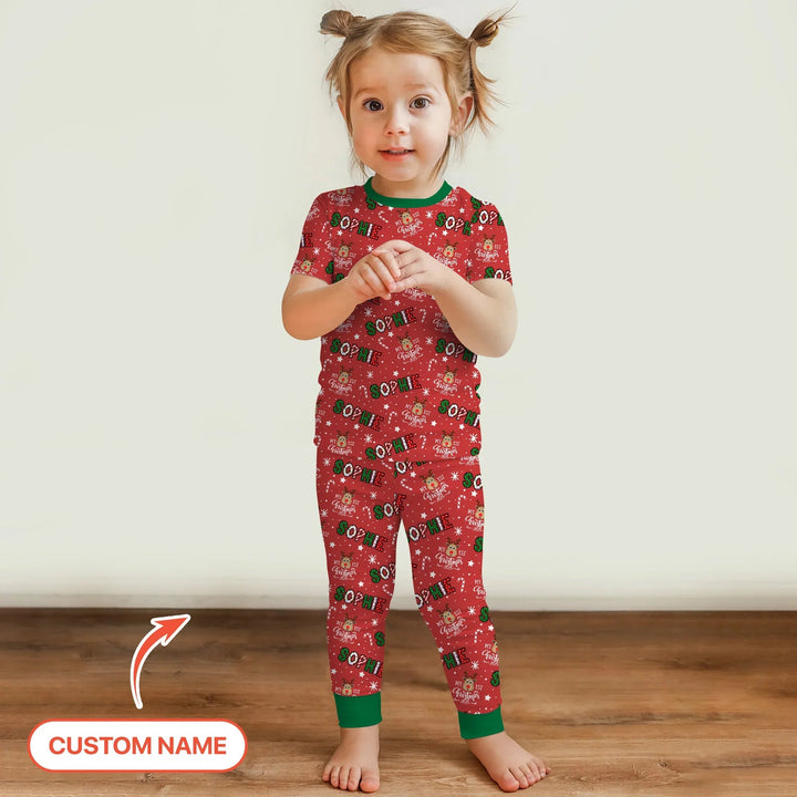 Custom Name "My First Christmas 2025" Two Piece Short Sleeve Pajama Set , Custom Name "My First Christmas 2025" Two Piece Short Sleeve Pajama Set - 12-18M