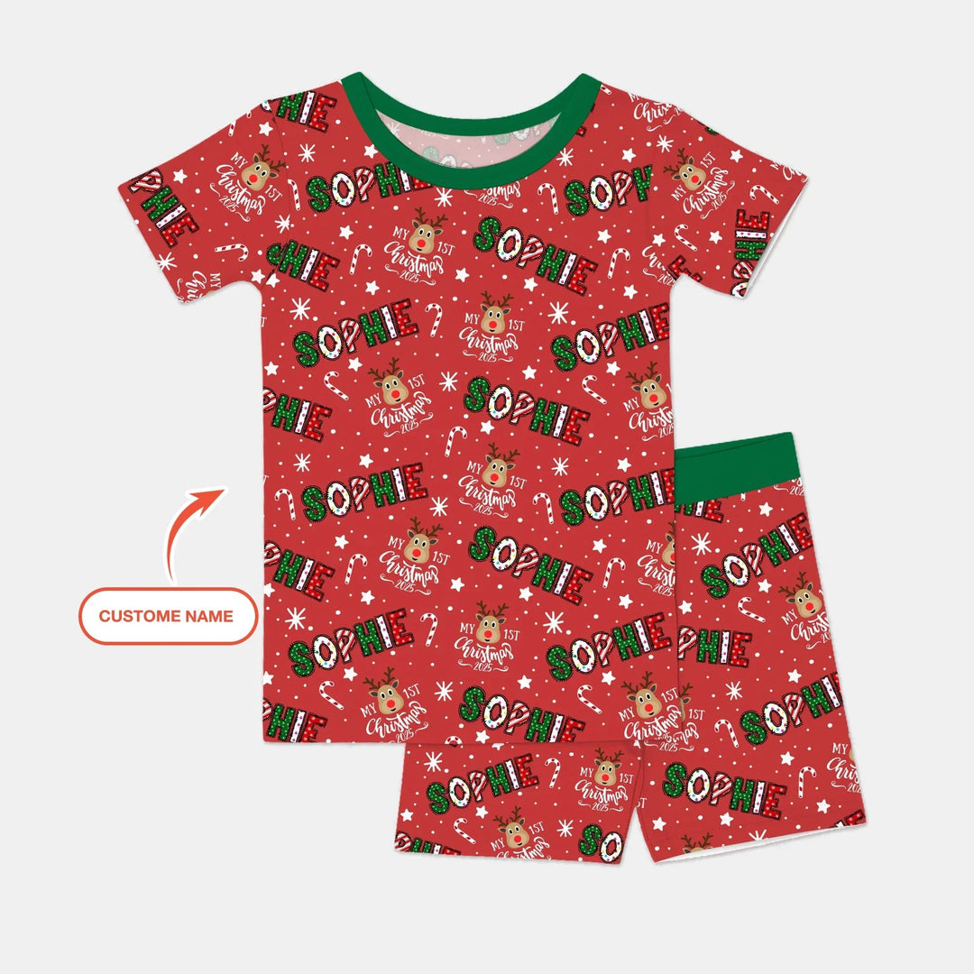 Custom Name "My First Christmas 2025" Two Piece Short Sleeve Shorts Pajama Set , Custom Name "My First Christmas 2025" Two Piece Short Sleeve Shorts Pajama Set - 12-18M