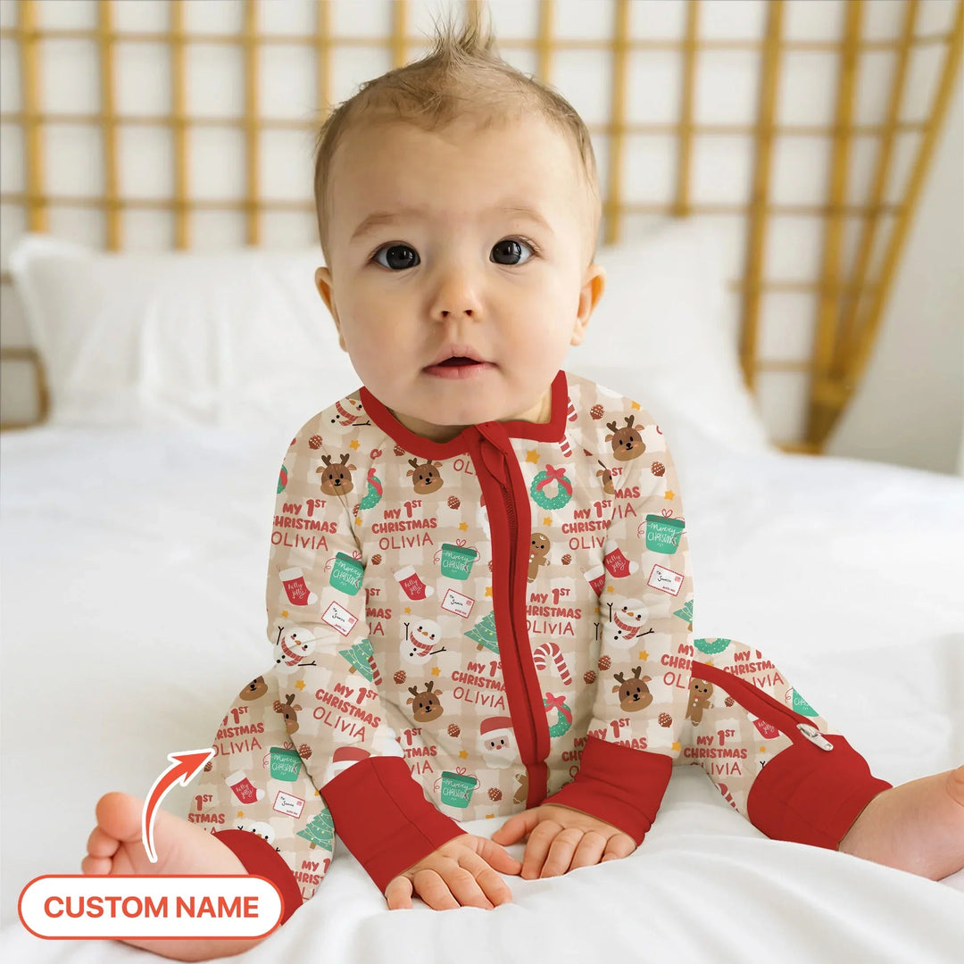 Custom Name My First Christmas Mocha Gingham Convertible Zippy - Zumbamboo