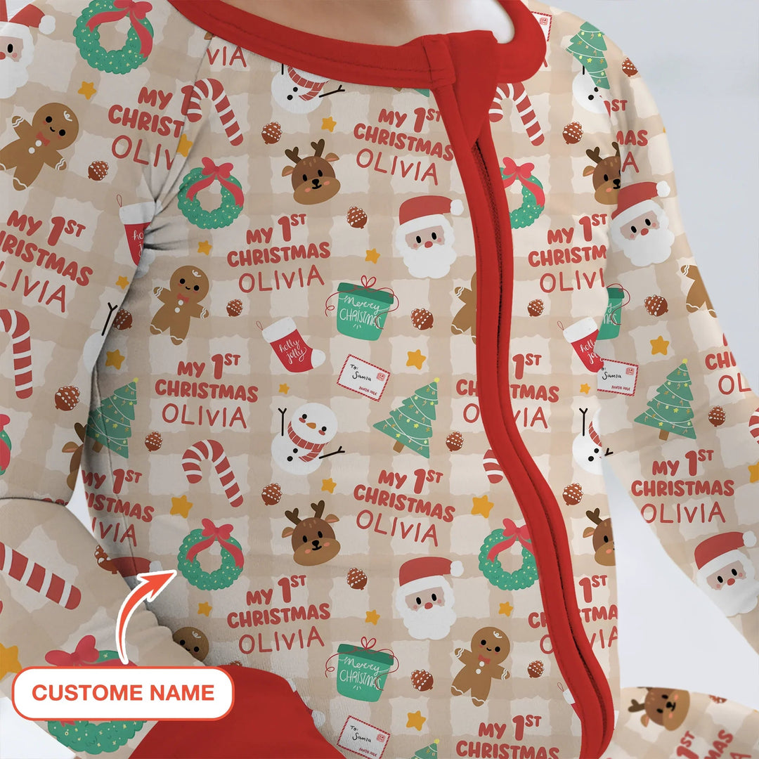 Custom Name My First Christmas Mocha Gingham Convertible Zippy - Zumbamboo