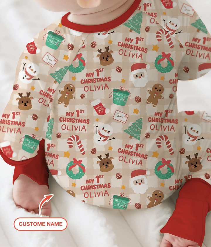 Custom Name My First Christmas Mocha Gingham Convertible Zippy - Zumbamboo