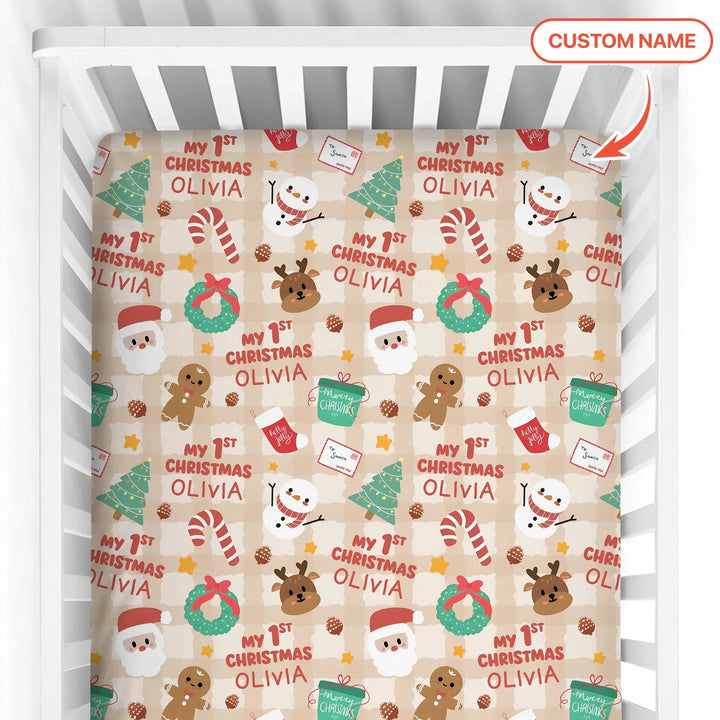 Custom Name My First Christmas Mocha Gingham Fitted Crib Sheet , Custom Name My First Christmas Mocha Gingham Fitted Crib Sheet - Default Title