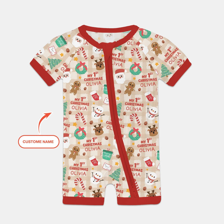 Custom Name My First Christmas Mocha Gingham Shorty Zippy , Custom Name My First Christmas Mocha Gingham Shorty Zippy - 0-3M