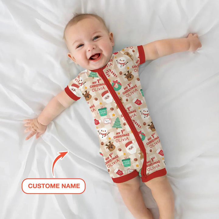 Custom Name My First Christmas Mocha Gingham Shorty Zippy , Custom Name My First Christmas Mocha Gingham Shorty Zippy - 0-3M