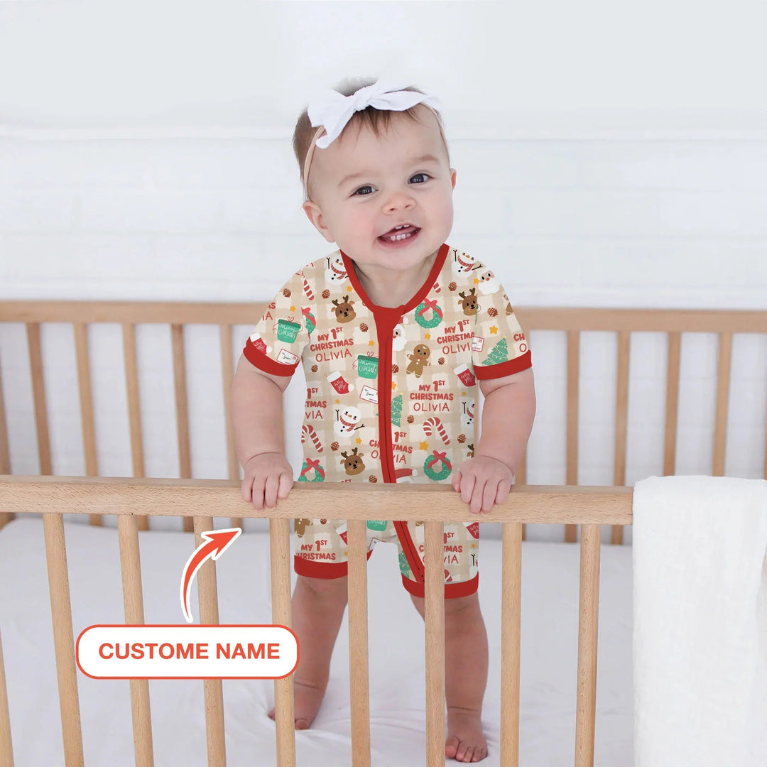Custom Name My First Christmas Mocha Gingham Shorty Zippy , Custom Name My First Christmas Mocha Gingham Shorty Zippy - 0-3M