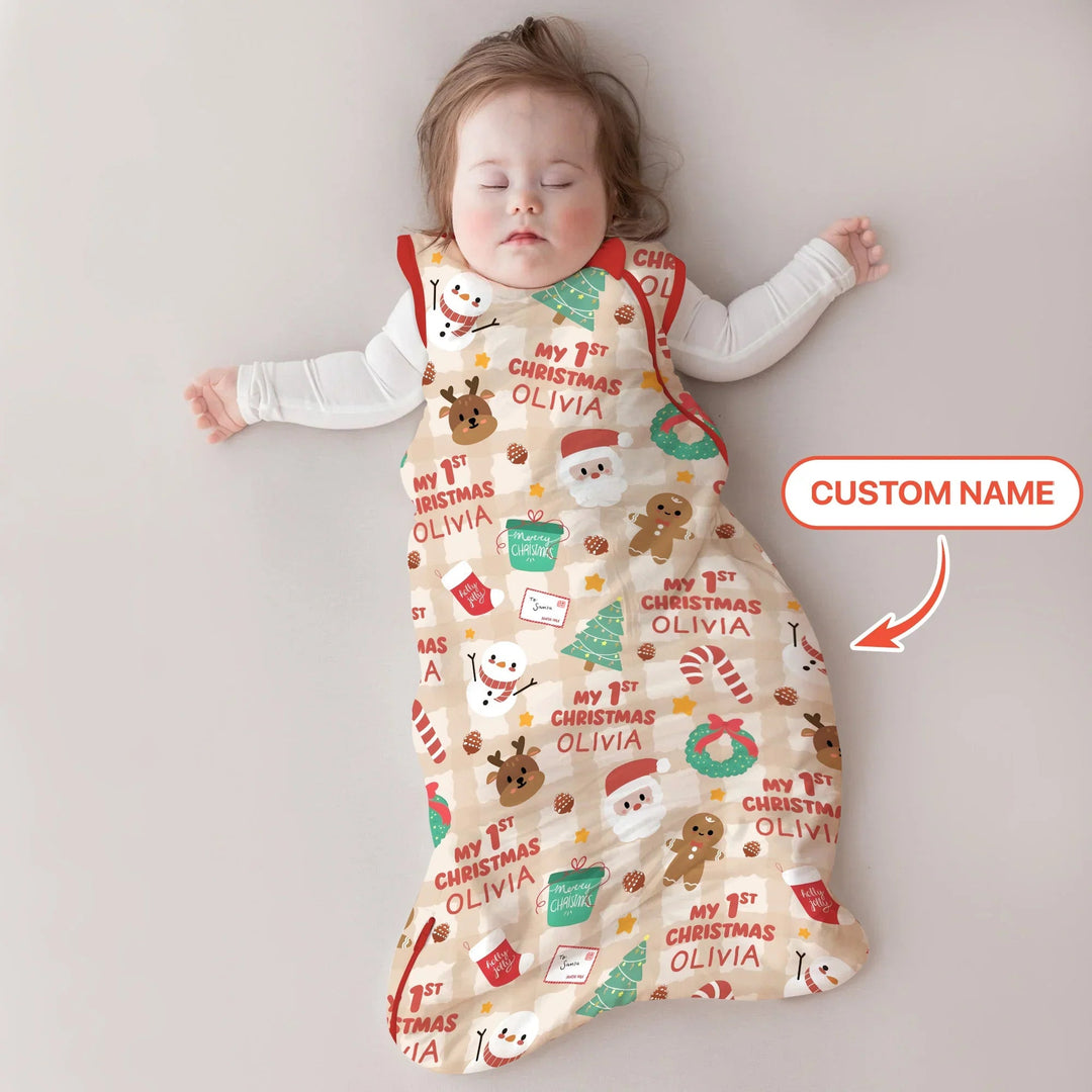 Custom Name My First Christmas Mocha Gingham Sleep Bag - Zumbamboo