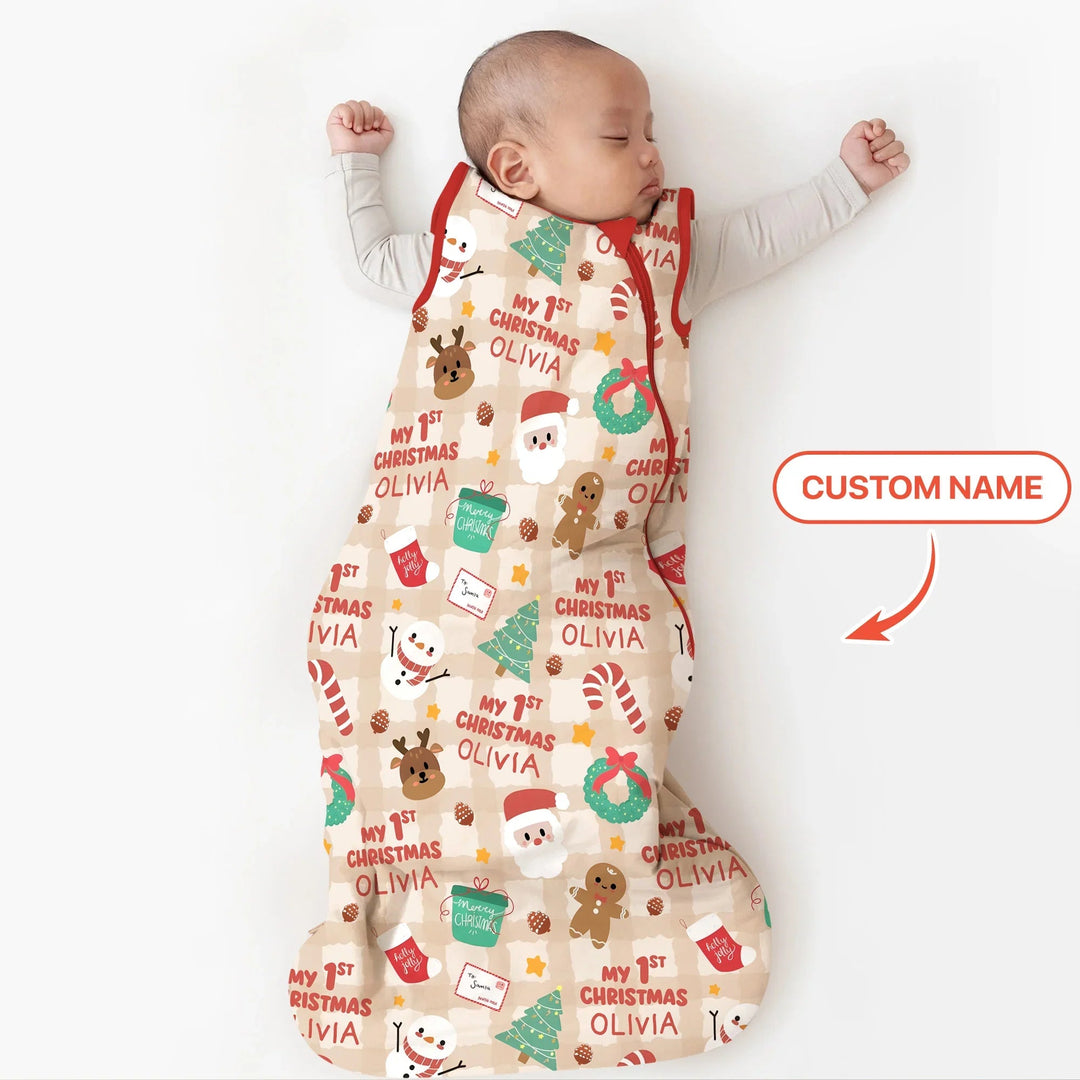 Custom Name My First Christmas Mocha Gingham Sleep Bag - Zumbamboo