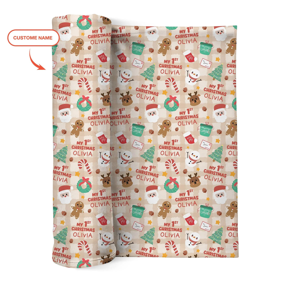 Custom Name My First Christmas Mocha Gingham Swaddle Blanket - Zumbamboo