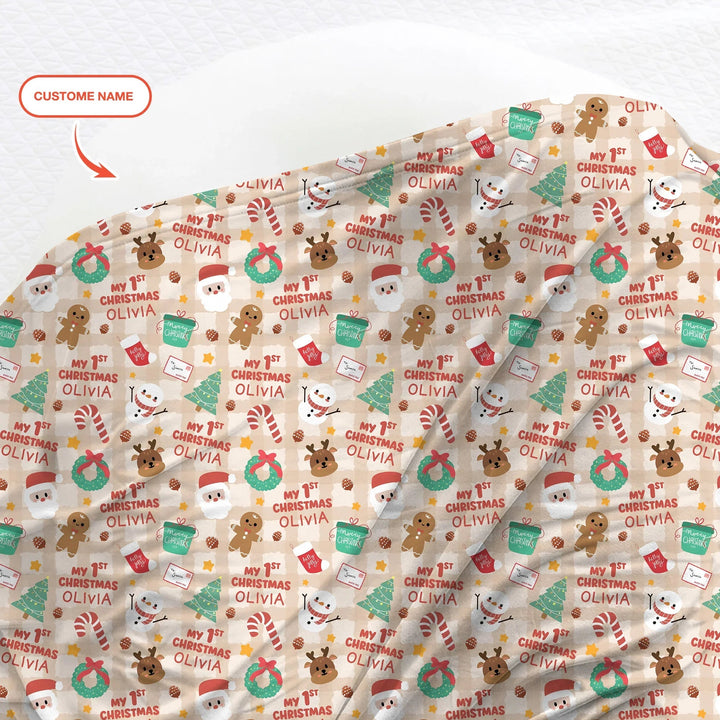 Custom Name My First Christmas Mocha Gingham Swaddle Blanket - Zumbamboo