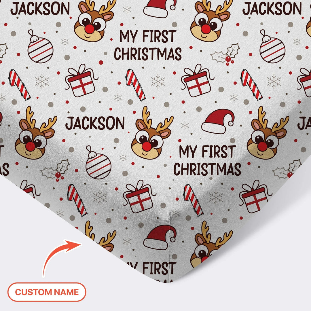 Custom Name Reindeer Doodle My First Christmas Fitted Crib Sheet - Zumbamboo
