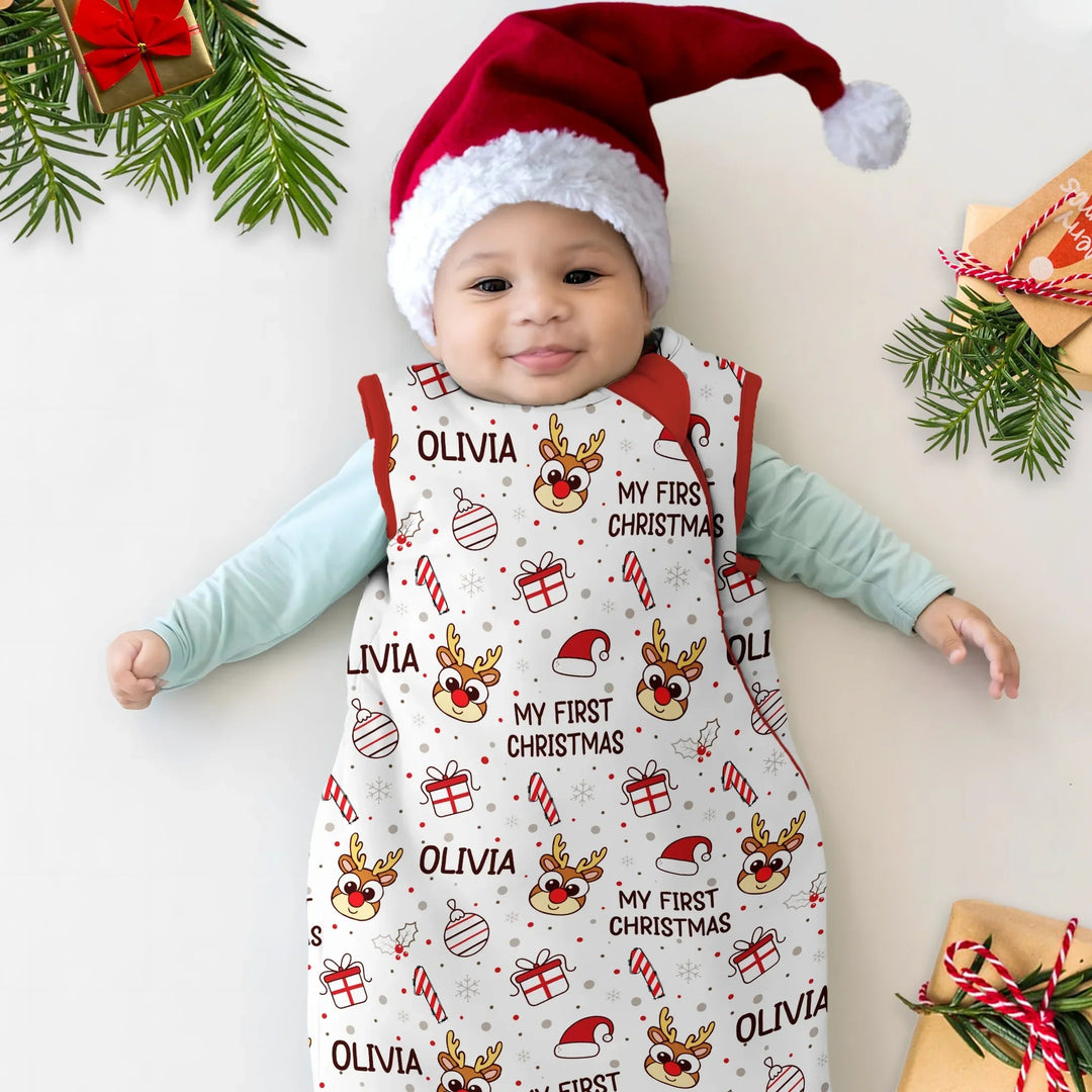 Custom Name Reindeer Doodle My First Christmas Sleep Bag - Zumbamboo