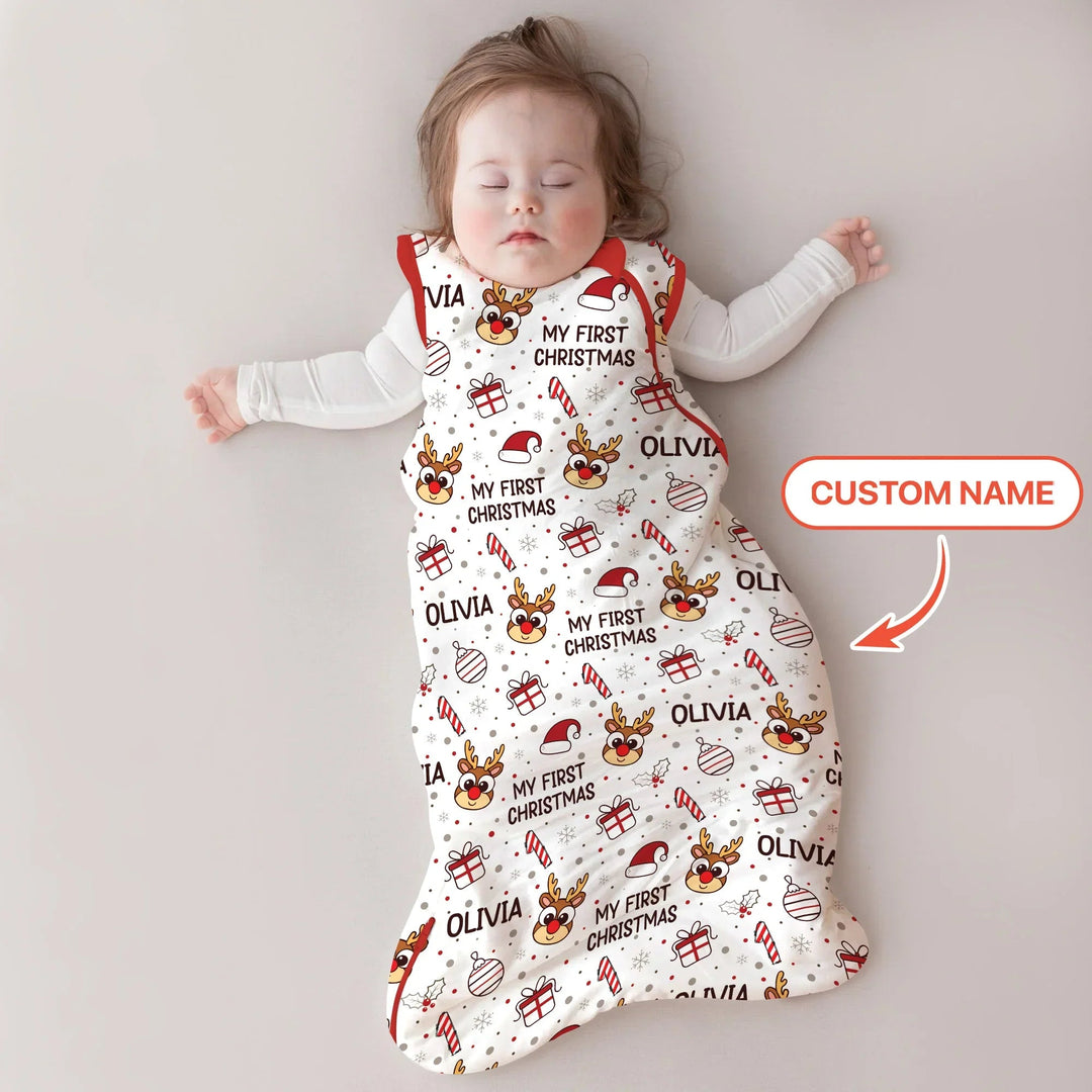 Custom Name Reindeer Doodle My First Christmas Sleep Bag - Zumbamboo