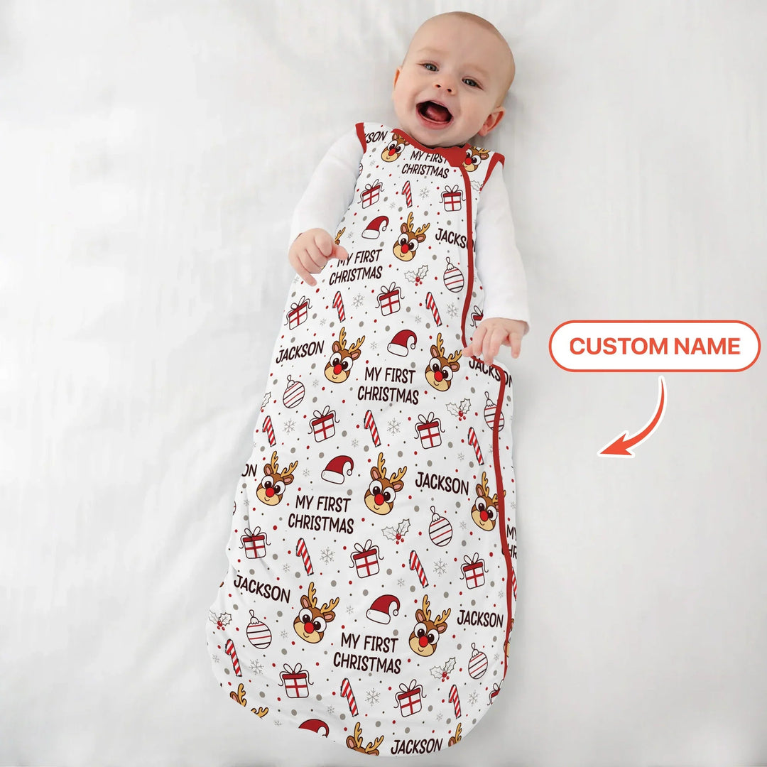 Custom Name Reindeer Doodle My First Christmas Sleep Bag - Zumbamboo