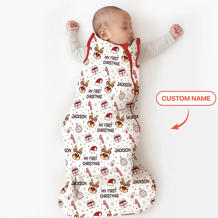 Custom Name Reindeer Doodle My First Christmas Sleep Bag - Zumbamboo