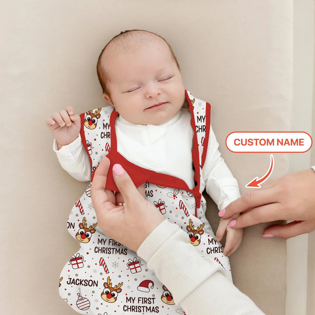 Custom Name Reindeer Doodle My First Christmas Sleep Bag - Zumbamboo