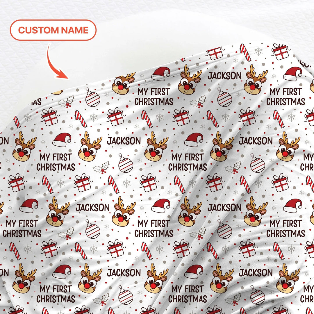 Custom Name Reindeer Doodle My First Christmas Swaddle Blanket - Zumbamboo