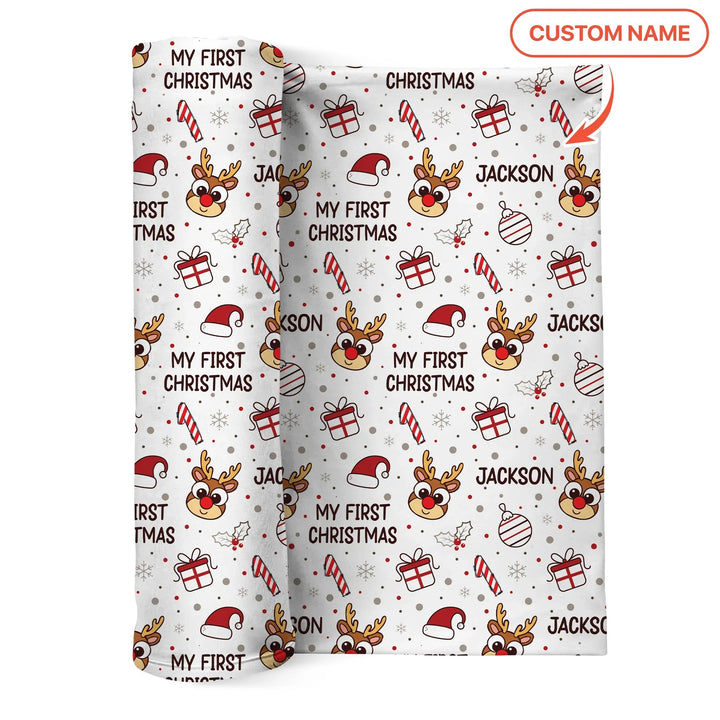 Custom Name Reindeer Doodle My First Christmas Swaddle Blanket - Zumbamboo