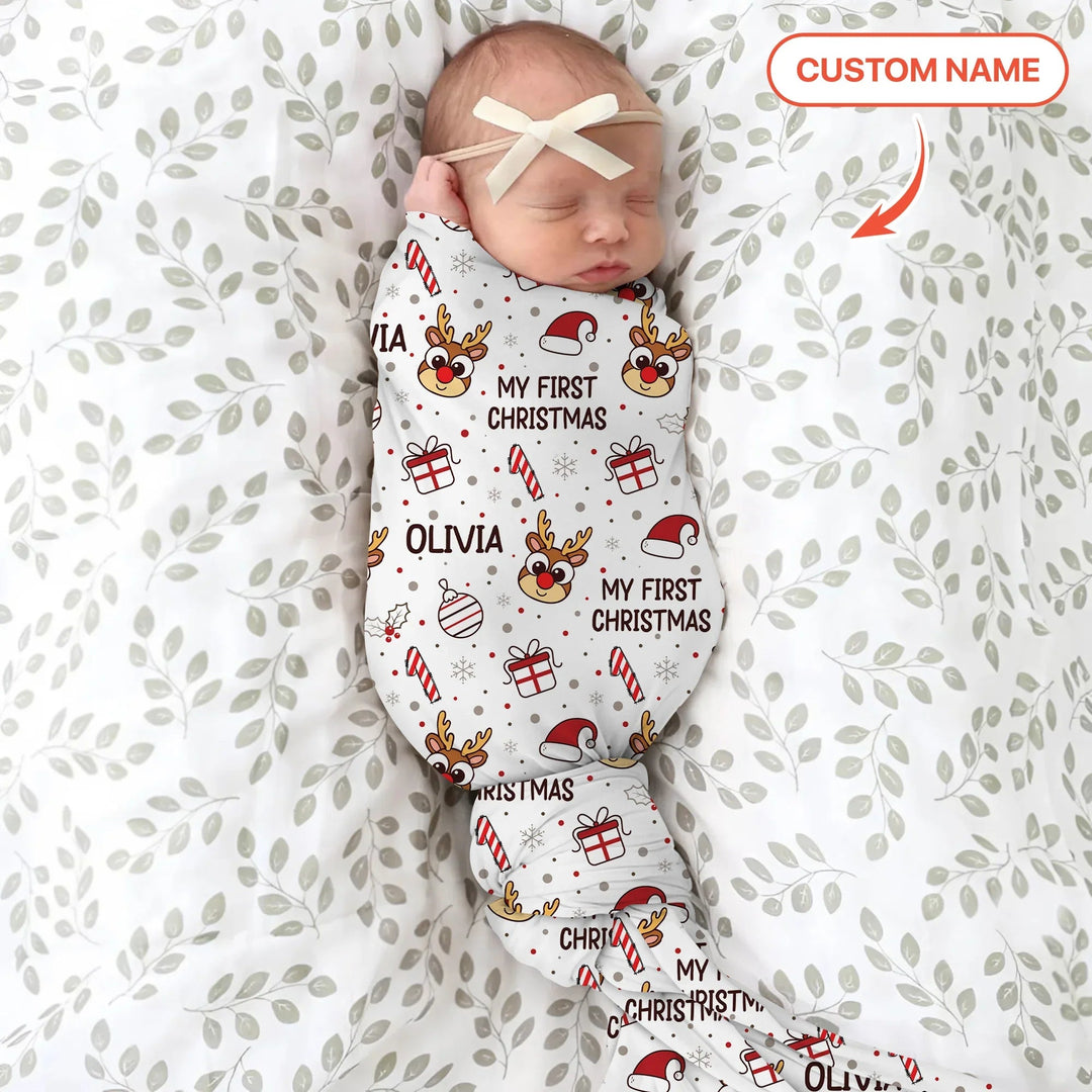 Custom Name Reindeer Doodle My First Christmas Swaddle Blanket - Zumbamboo