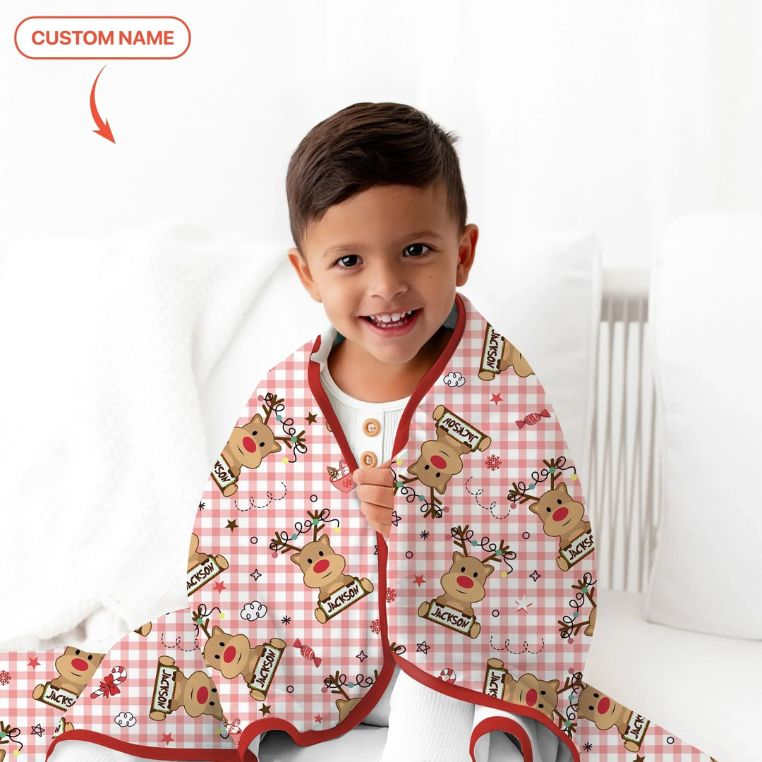 Custom Name Reindeer Gingham Toddler Blanket - Zumbamboo