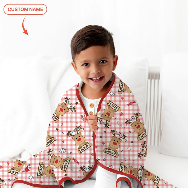 Custom Name Reindeer Gingham Toddler Blanket - Zumbamboo
