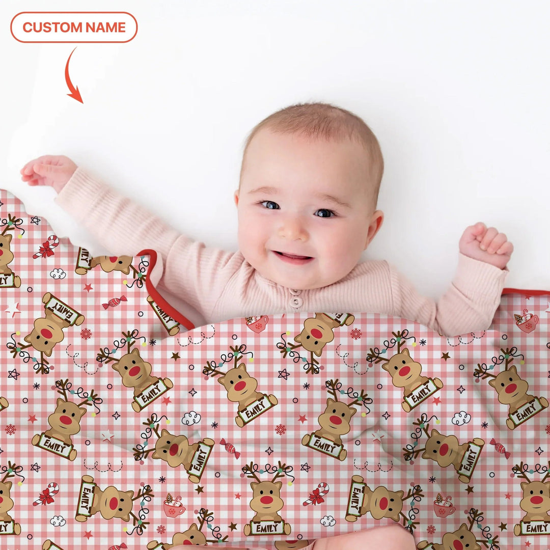 Custom Name Reindeer Gingham Toddler Blanket - Zumbamboo