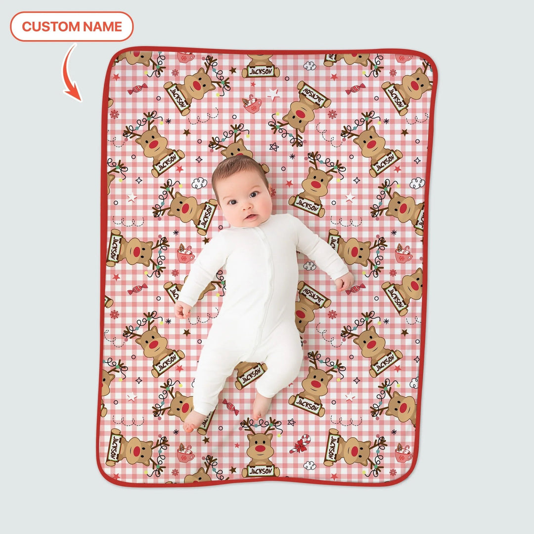 Custom Name Reindeer Gingham Toddler Blanket - Zumbamboo