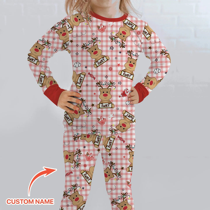 Custom Name Reindeer Gingham Two Piece Long Sleeve Pajama Set - Zumbamboo