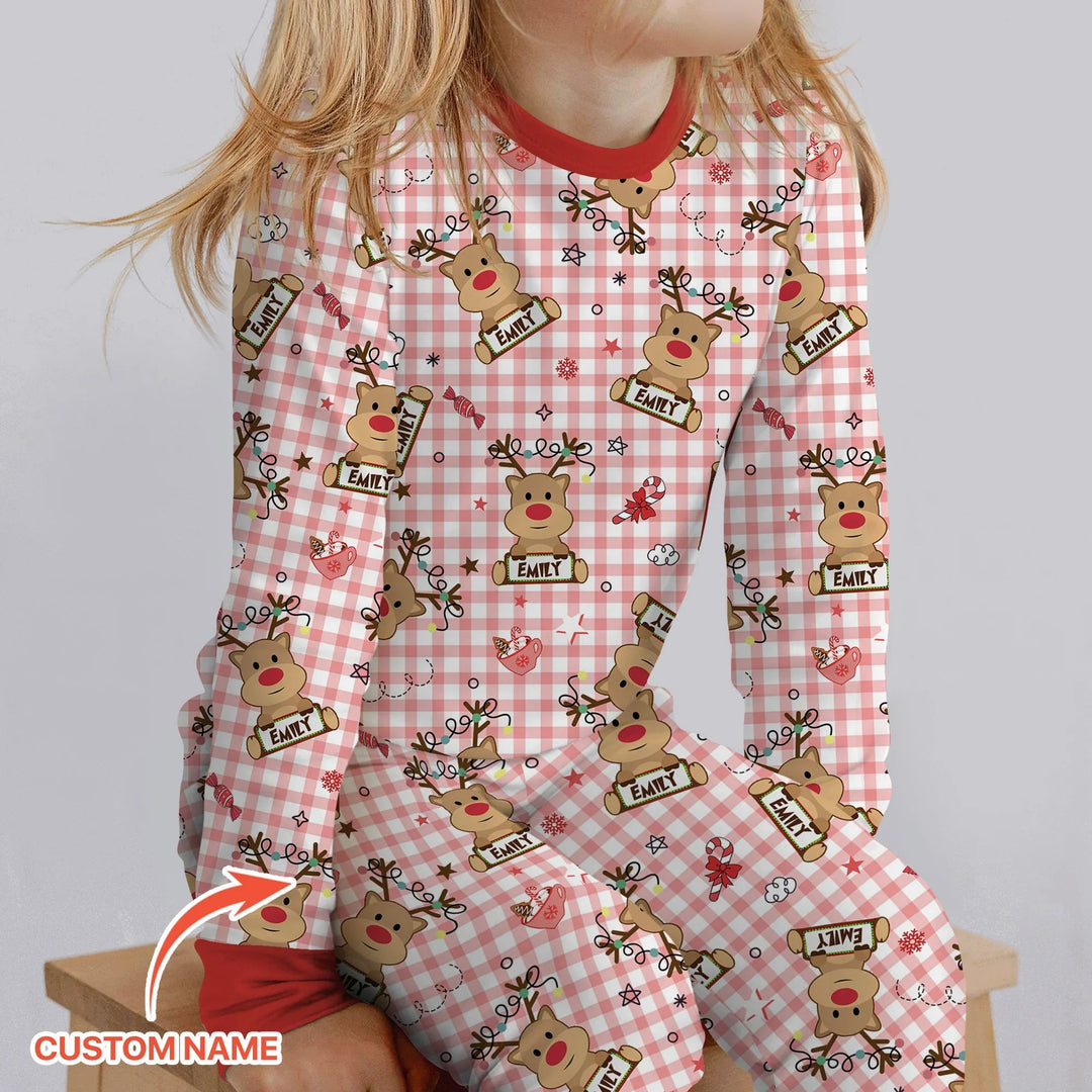 Custom Name Reindeer Gingham Two Piece Long Sleeve Pajama Set - Zumbamboo