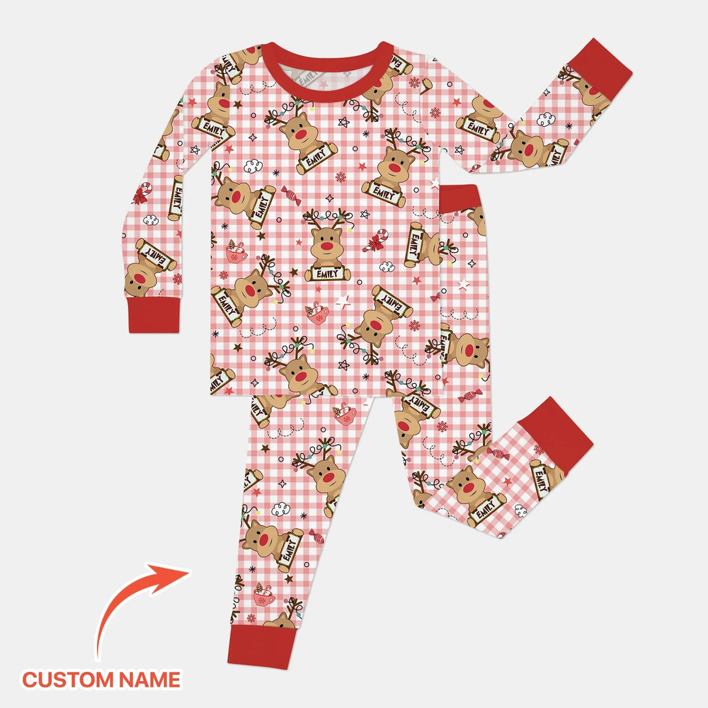 Custom Name Reindeer Gingham Two Piece Long Sleeve Pajama Set - Zumbamboo