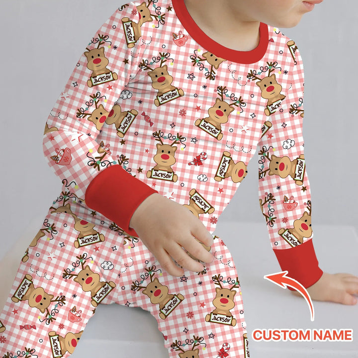 Custom Name Reindeer Gingham Two Piece Long Sleeve Pajama Set - Zumbamboo