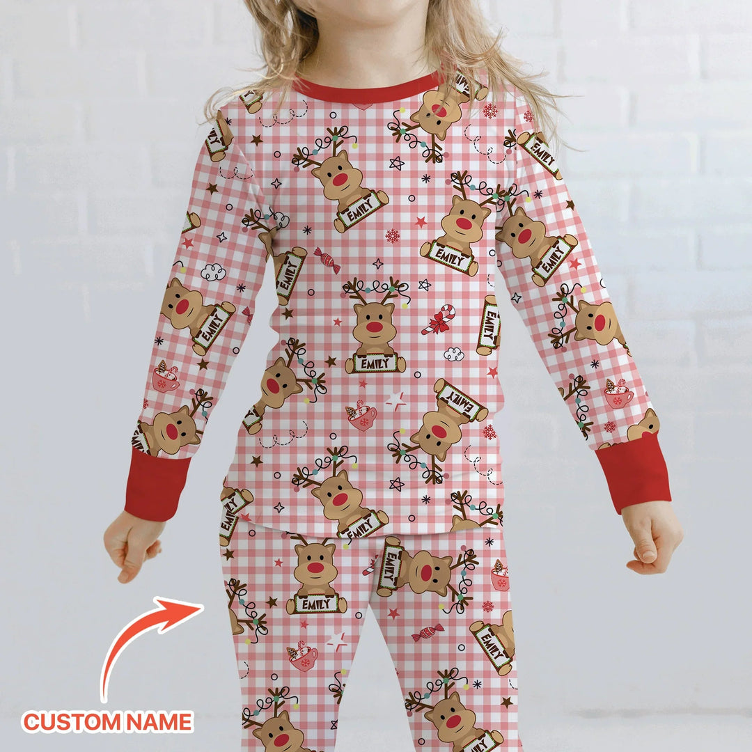Custom Name Reindeer Gingham Two Piece Long Sleeve Pajama Set - Zumbamboo