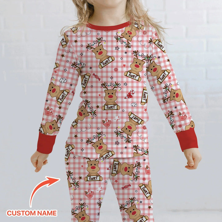 Custom Name Reindeer Gingham Two Piece Long Sleeve Pajama Set - Zumbamboo