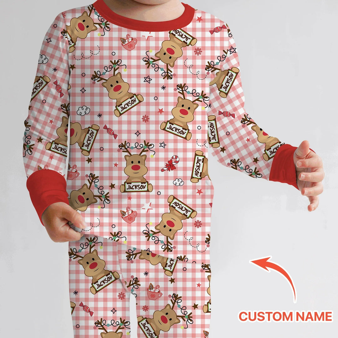 Custom Name Reindeer Gingham Two Piece Long Sleeve Pajama Set - Zumbamboo
