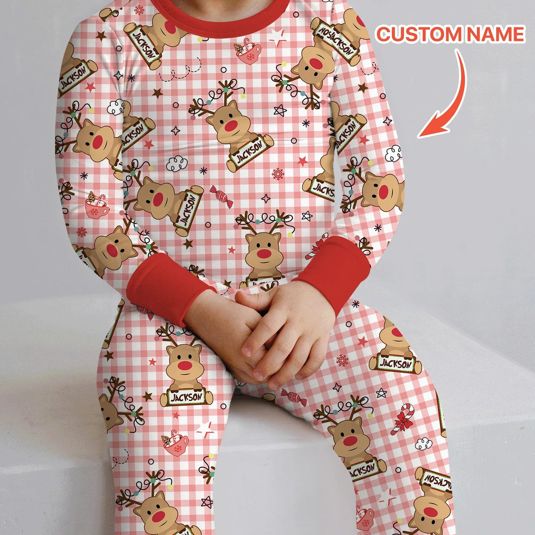 Custom Name Reindeer Gingham Two Piece Long Sleeve Pajama Set - Zumbamboo