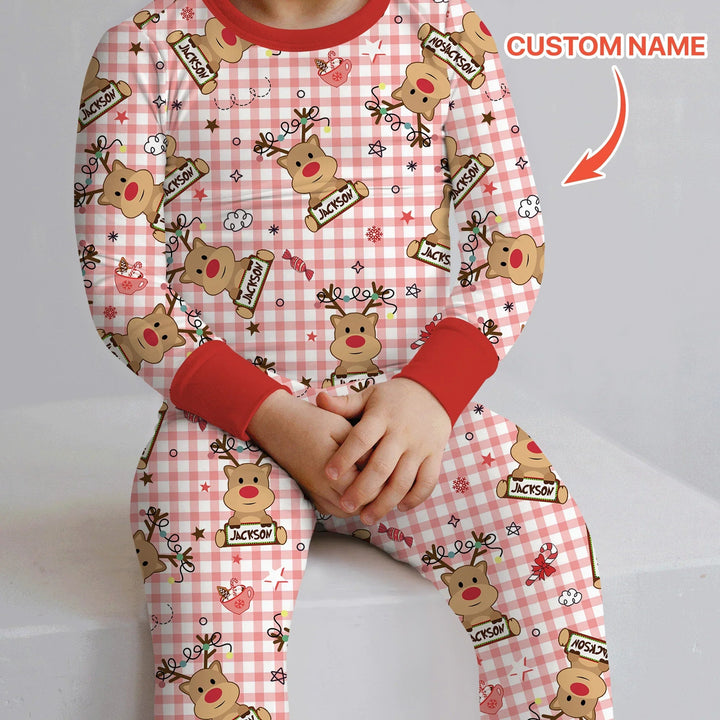 Custom Name Reindeer Gingham Two Piece Long Sleeve Pajama Set - Zumbamboo