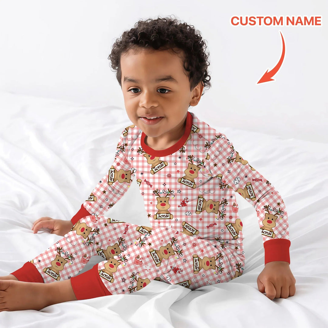Custom Name Reindeer Gingham Two Piece Long Sleeve Pajama Set - Zumbamboo