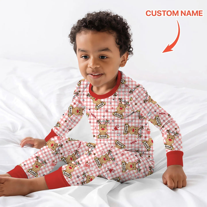 Custom Name Reindeer Gingham Two Piece Long Sleeve Pajama Set - Zumbamboo