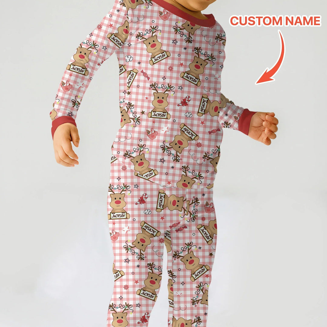 Custom Name Reindeer Gingham Two Piece Long Sleeve Pajama Set - Zumbamboo
