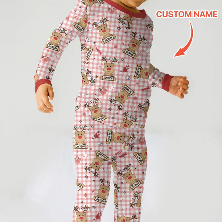 Custom Name Reindeer Gingham Two Piece Long Sleeve Pajama Set - Zumbamboo