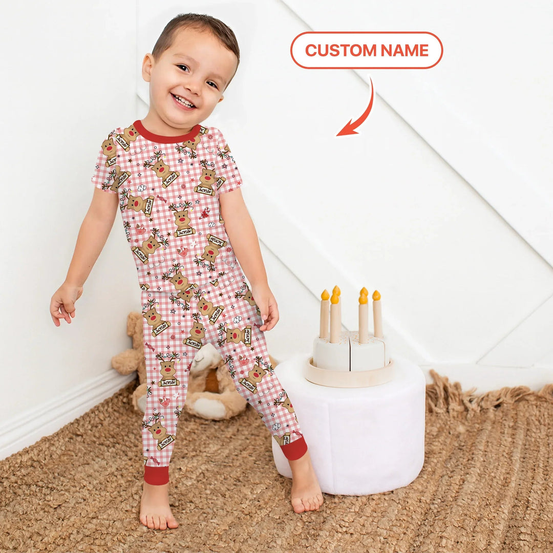 Custom Name Reindeer Gingham Two Piece Short Sleeve Pajama Set - Zumbamboo