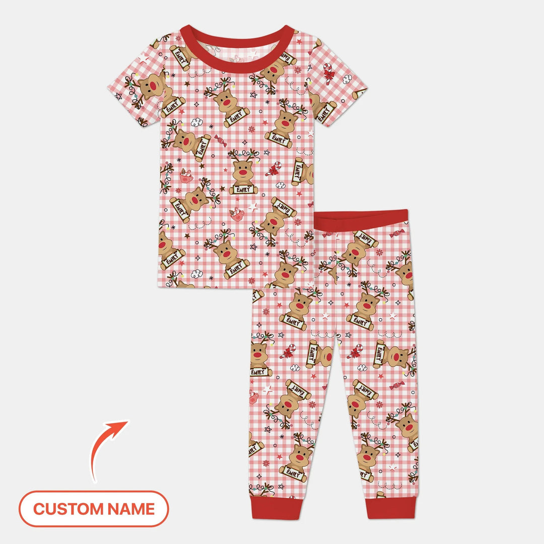 Custom Name Reindeer Gingham Two Piece Short Sleeve Pajama Set - Zumbamboo