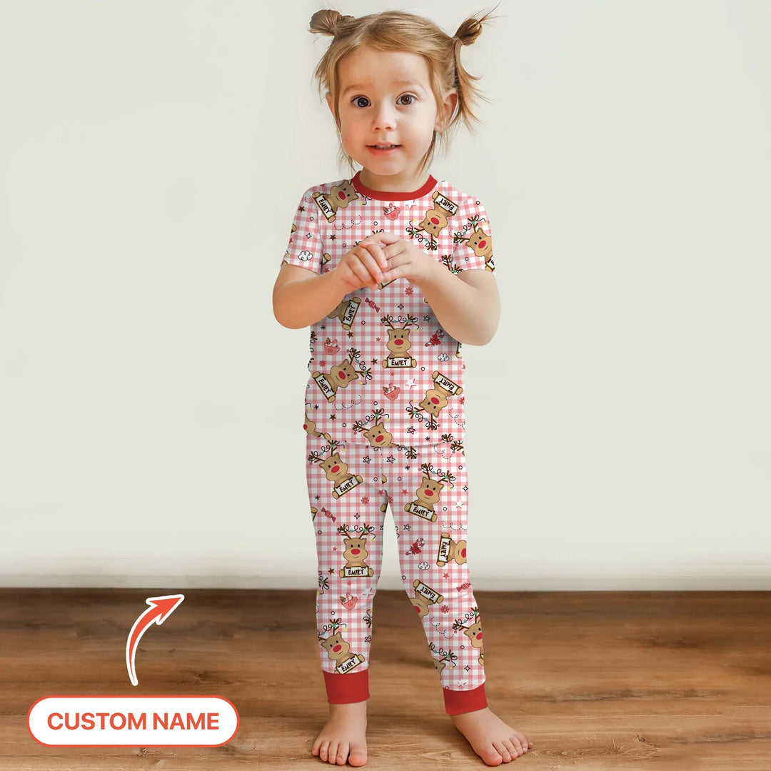 Custom Name Reindeer Gingham Two Piece Short Sleeve Pajama Set - Zumbamboo
