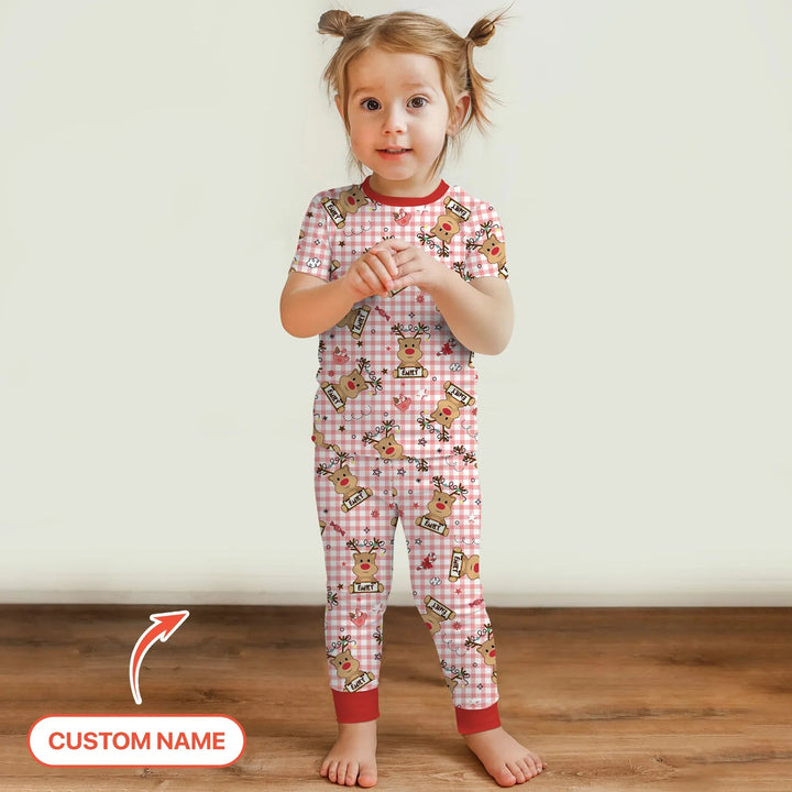 Custom Name Reindeer Gingham Two Piece Short Sleeve Pajama Set - Zumbamboo