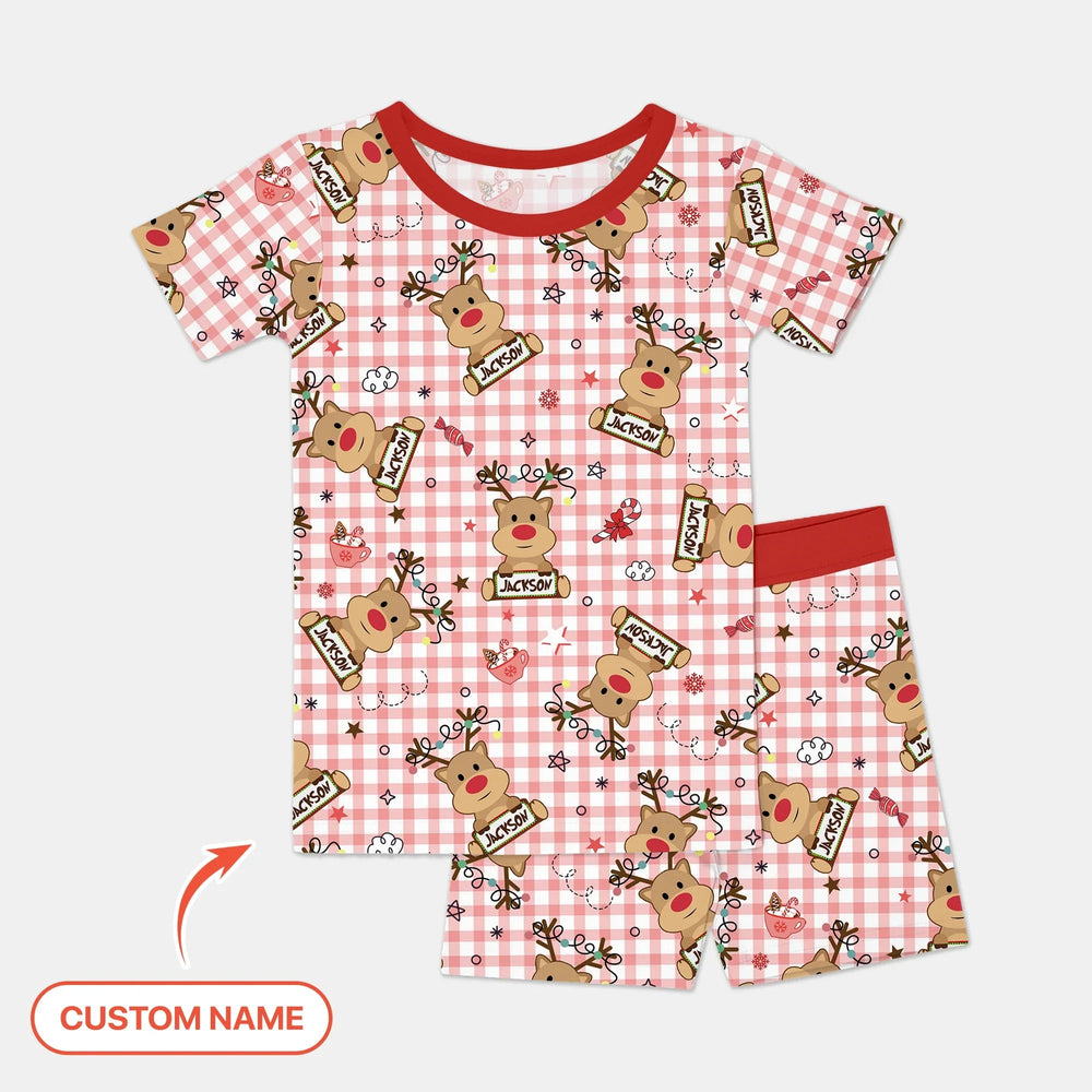 Custom Name Reindeer Gingham Two Piece Short Sleeve Shorts Pajama Set - Zumbamboo
