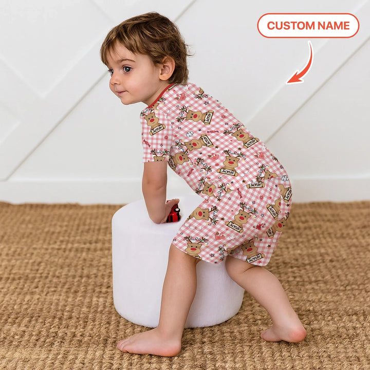 Custom Name Reindeer Gingham Two Piece Short Sleeve Shorts Pajama Set - Zumbamboo