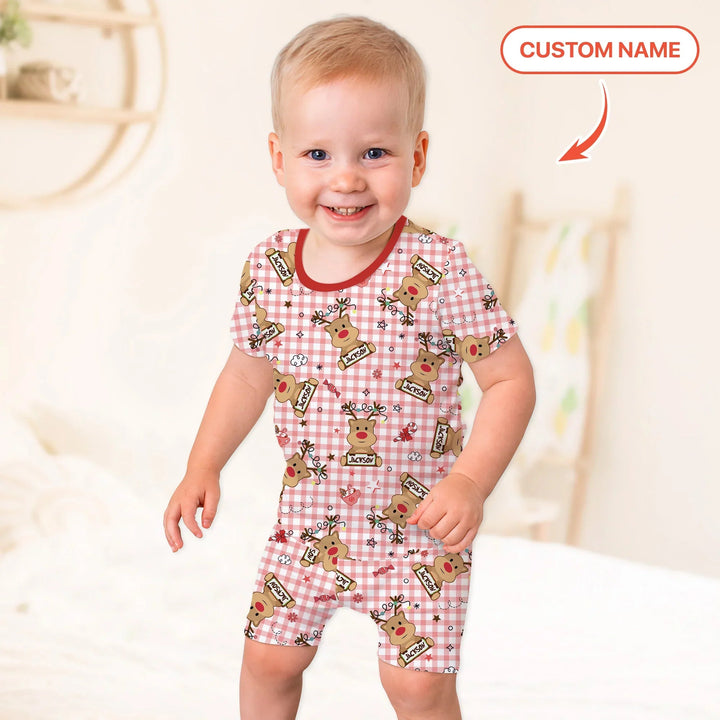 Custom Name Reindeer Gingham Two Piece Short Sleeve Shorts Pajama Set - Zumbamboo