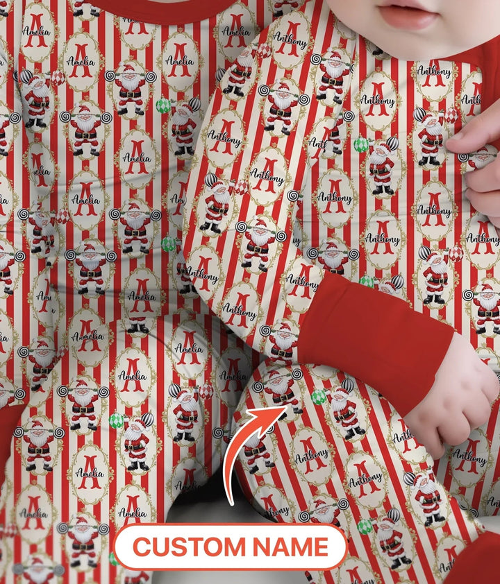 Custom Name Santa Stripes Two Piece Long Sleeve Pajama Set - Zumbamboo