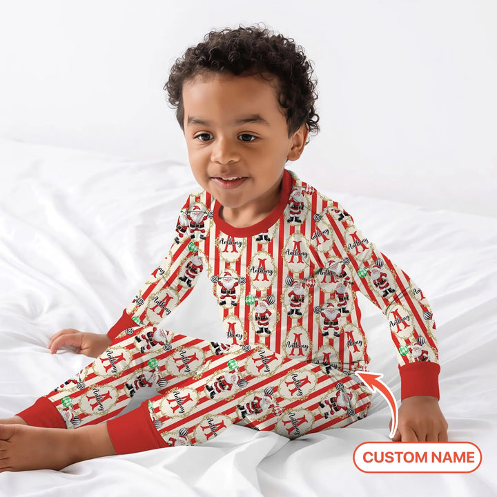 Custom Name Santa Stripes Two Piece Long Sleeve Pajama Set - Zumbamboo