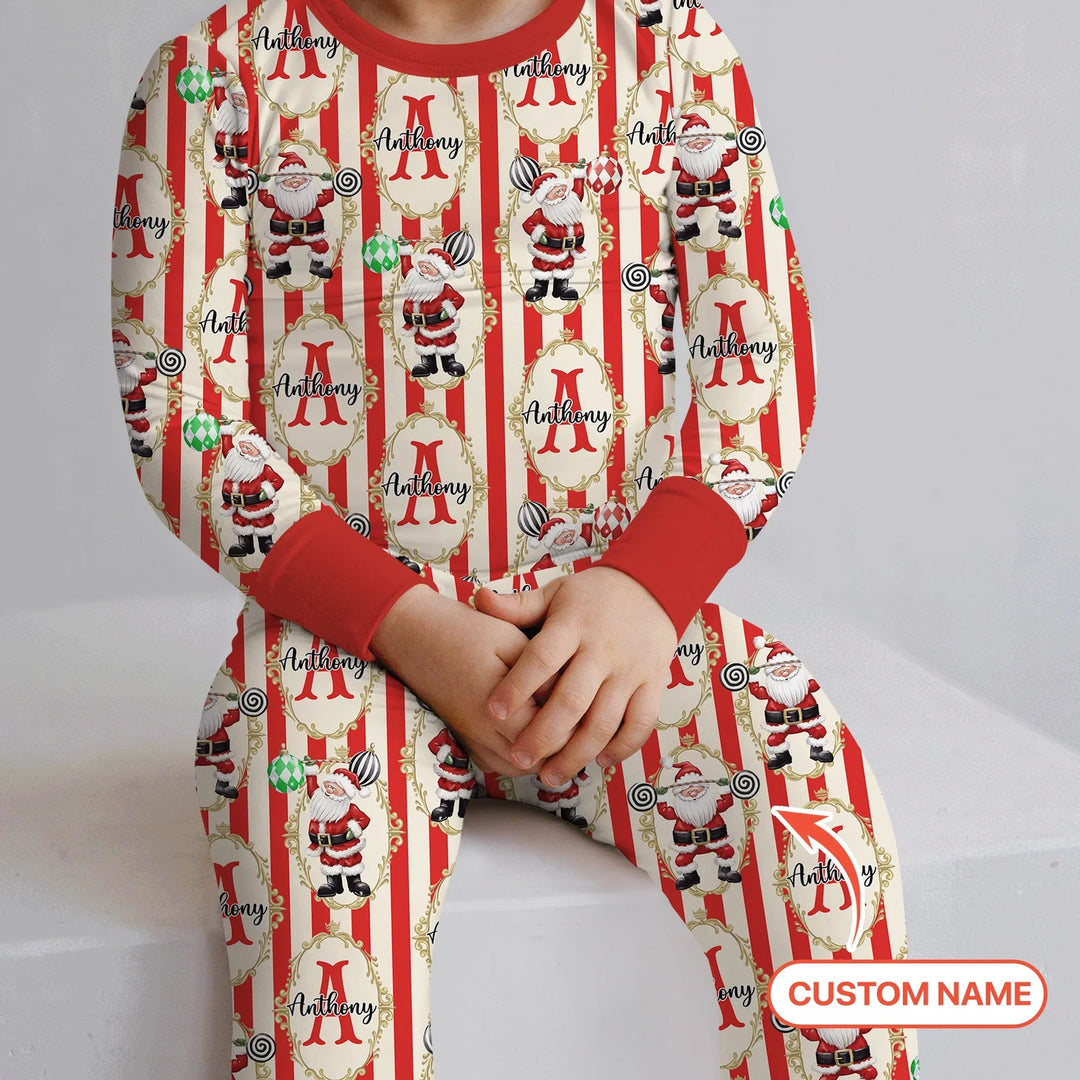 Custom Name Santa Stripes Two Piece Long Sleeve Pajama Set - Zumbamboo